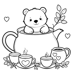 Bezaubernder Kawaii-Eisbär in Teekanne Ausmalbild für fröhliche Teegäste