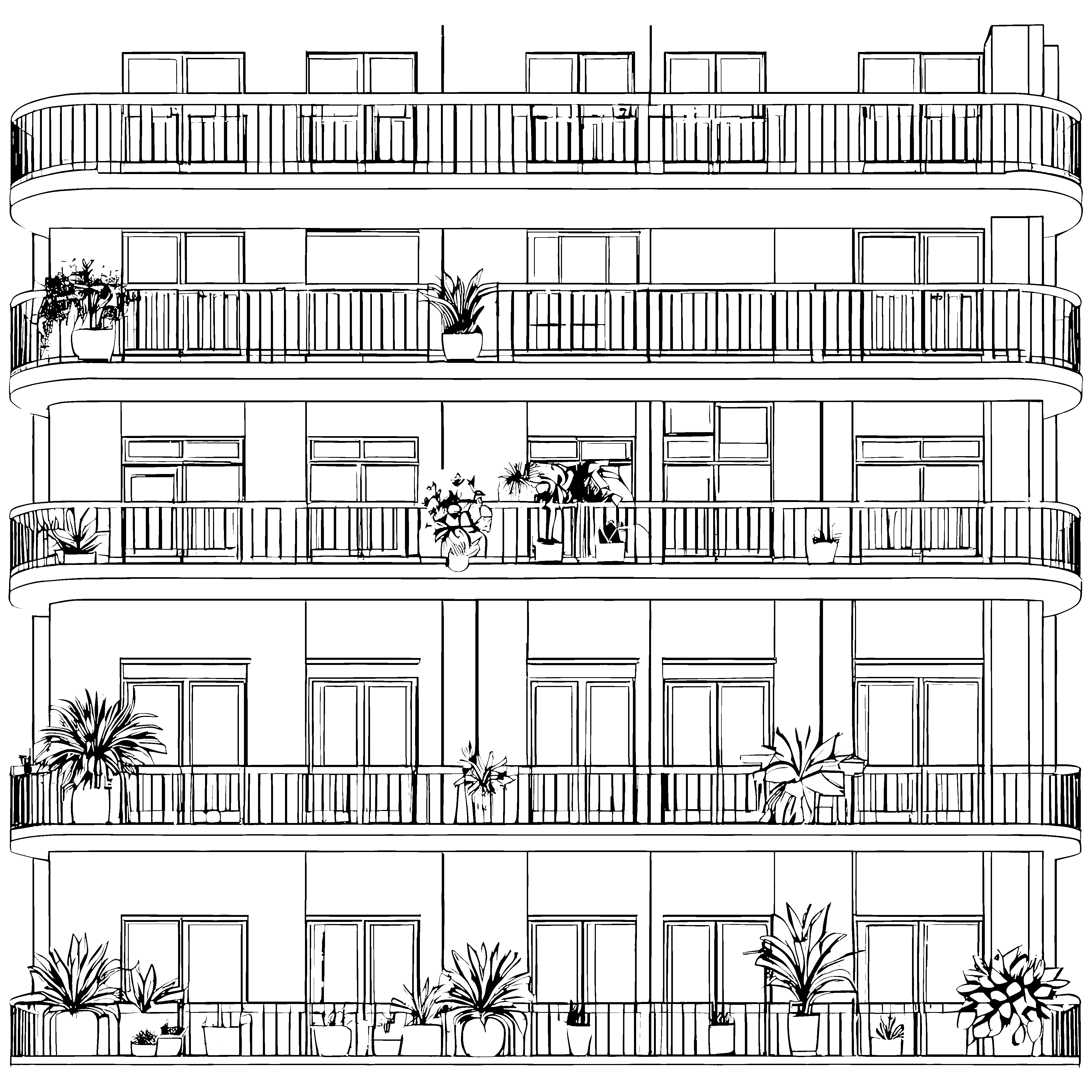 Strukturierte Fassade mit Blumenbalkonen Ausmalvorlage für Hausbegeisterte