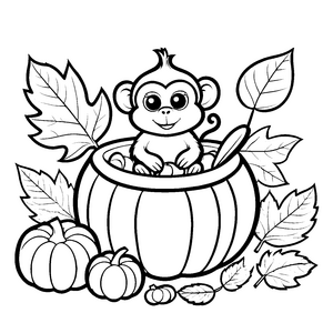 Süßer Kawaii-Affe in Kürbisschale Bastelvorlage für fröhliche Herbstfreunde