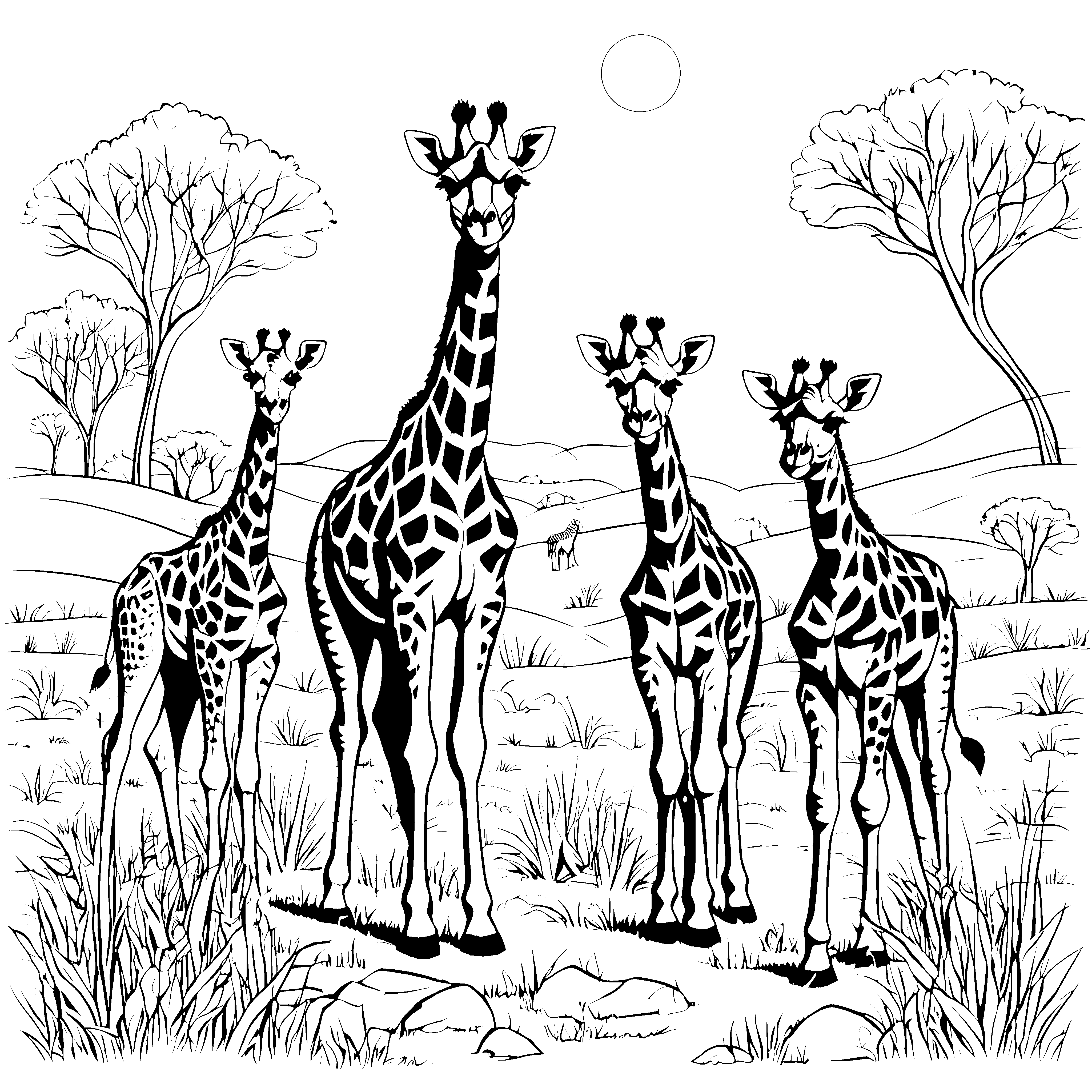 Heiteres Giraffenjungtier vor Bäumen Malbild für neugierige Savannengäste