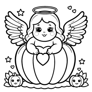 Liebervoller Kawaii-Engel mit Herz auf Kürbis Ausmalvorlage für kreative Herbstliebhaber