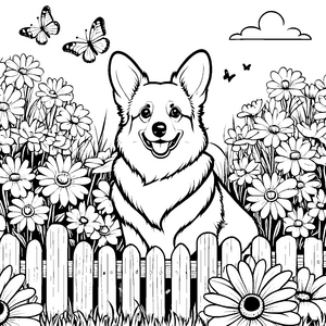 Heiterer Corgi im Blumenbeet Malvorlage für kleine Blütenputzer