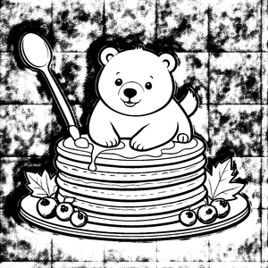 Verspielter Kawaii-Eisbär auf Pfannkuchen Malvorlage für kleine Frühstücksfreunde