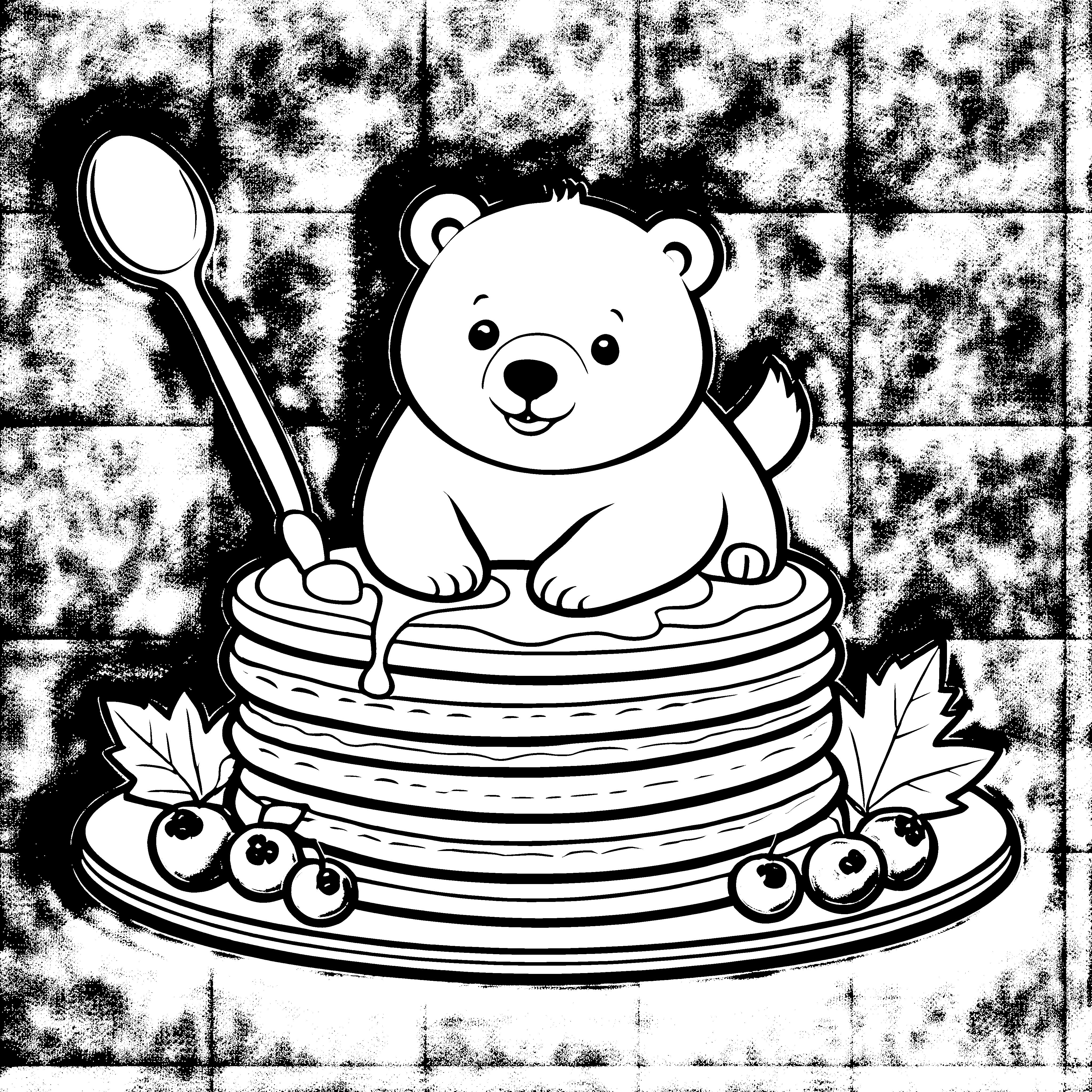 Verspielter Kawaii-Eisbär auf Pfannkuchen Malvorlage für kleine Frühstücksfreunde