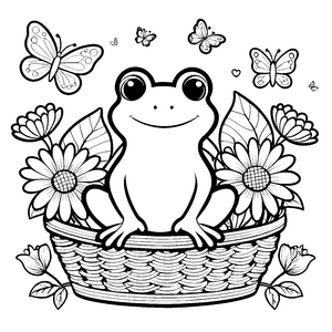 Lieblicher Kawaii-Frosch im Blumenkorb Malvorlage für Gartenfreunde
