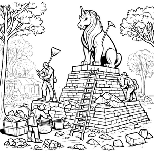 Mystische Archäologen an der Einhornstatue Bastelvorlage für junge Steinmetze