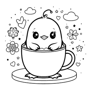 Liebervoller Kawaii-Pinguin in Teetasse Ausmalbild für kleine Teetrinker