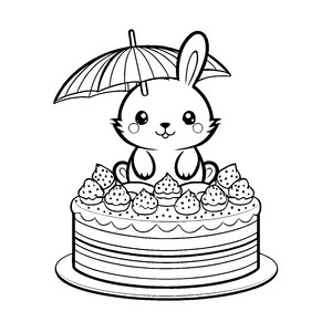 Festliches Kawaii-Kaninchen auf Torte Ausmalbild für junge Feierfreunde
