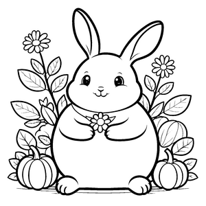 Niedlicher Kawaii-Hase mit Blume Malvorlage für kleine Kürbisfreunde