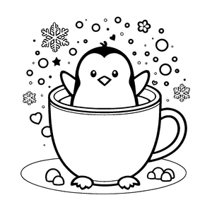 Zauberhafter Kawaii-Pinguin in Tasse mit Sternen Ausmalvorlage für kreative Schneeflockenjäger