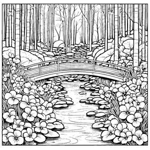 Malerische Veilchen an der Holzbrücke Ausmalbild für malfreudige Bachforscher