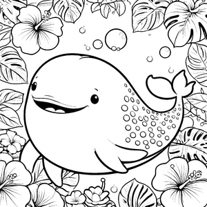 Herzlicher Wal mit Hibiskusblüten Ausmalvorlage für mutige Meeresbewohner