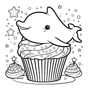 Süßer Kawaii-Delfin auf Cupcake-Bastelmotiv für kleine Naschfreunde