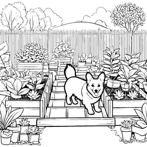Verspielter Corgi auf Holztreppe Malbild für malfreudige Pflanzenfans