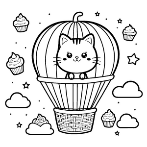Abenteuerliche Kawaii Katze im Heißluftballon Malvorlage für kreative Himmelsfahrer