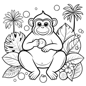 Verspielter Kawaii-Affe mit tropischen Blättern Malbild für Urwaldfreunde