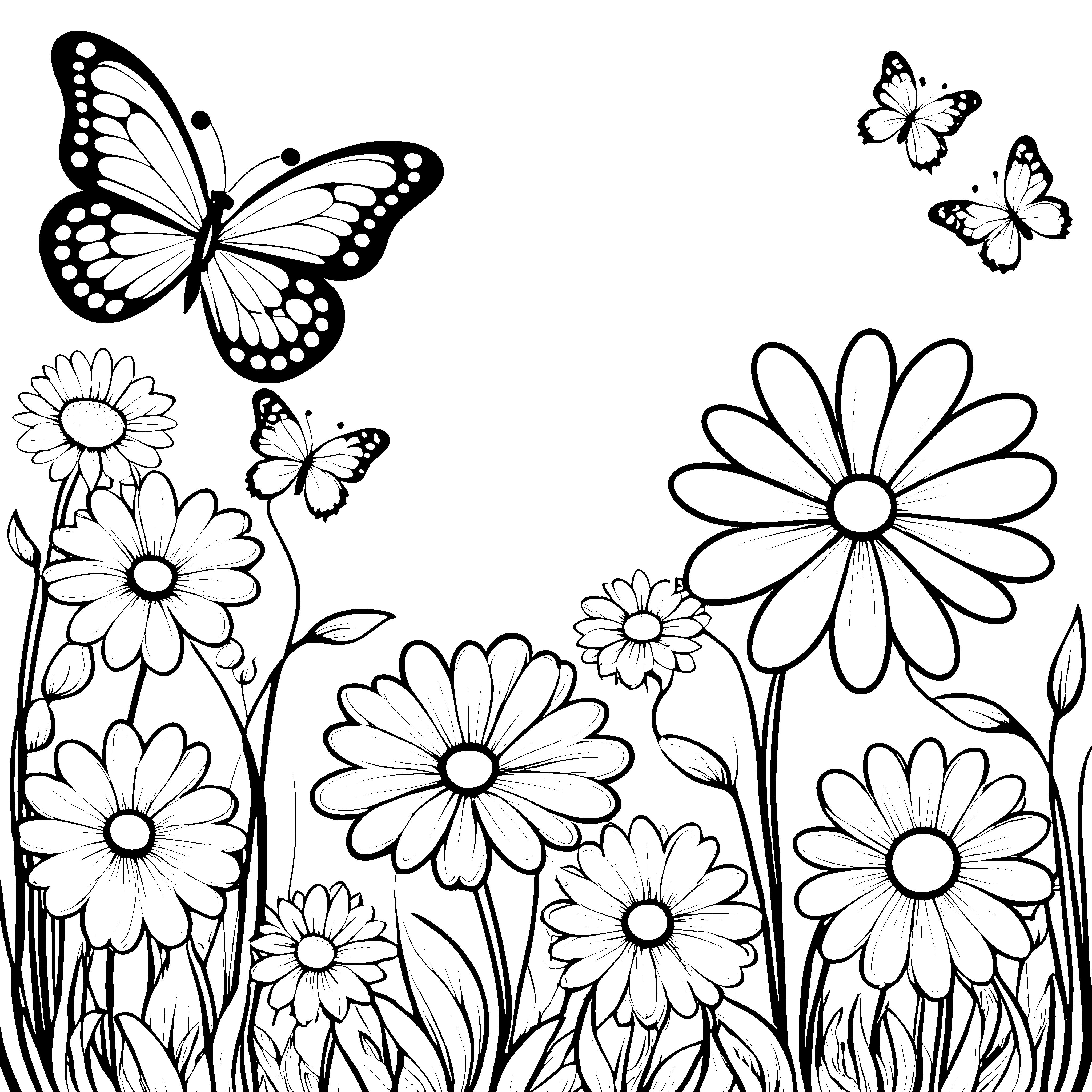 Verspielte Kawaii-Schmetterlinge auf Blumenwiese Bastelvorlage für kreative Wiesenfreunde
