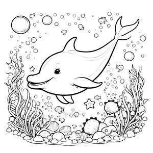 Niedlicher Kawaii-Delfin mit Seestern Ausmalbild für kreative Wasserforscher