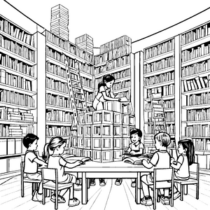 Beeindruckende Schulkinder an Bücherregalen Ausmalbild für wissbegierige Bibliotheksbesucher