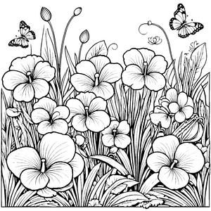 Blühende Veilchen mit Schmetterlingen Ausmalbild für junge Blumenliebhaber