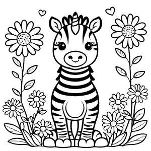 Herzliches Kawaii-Zebra in Blumenwiese Ausmalbild für Naturfreunde