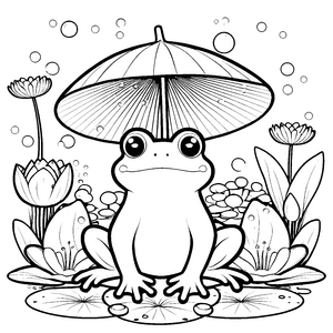 Sanfter Kawaii-Frosch mit Schirm Ausmalbild für junge Teichforscher