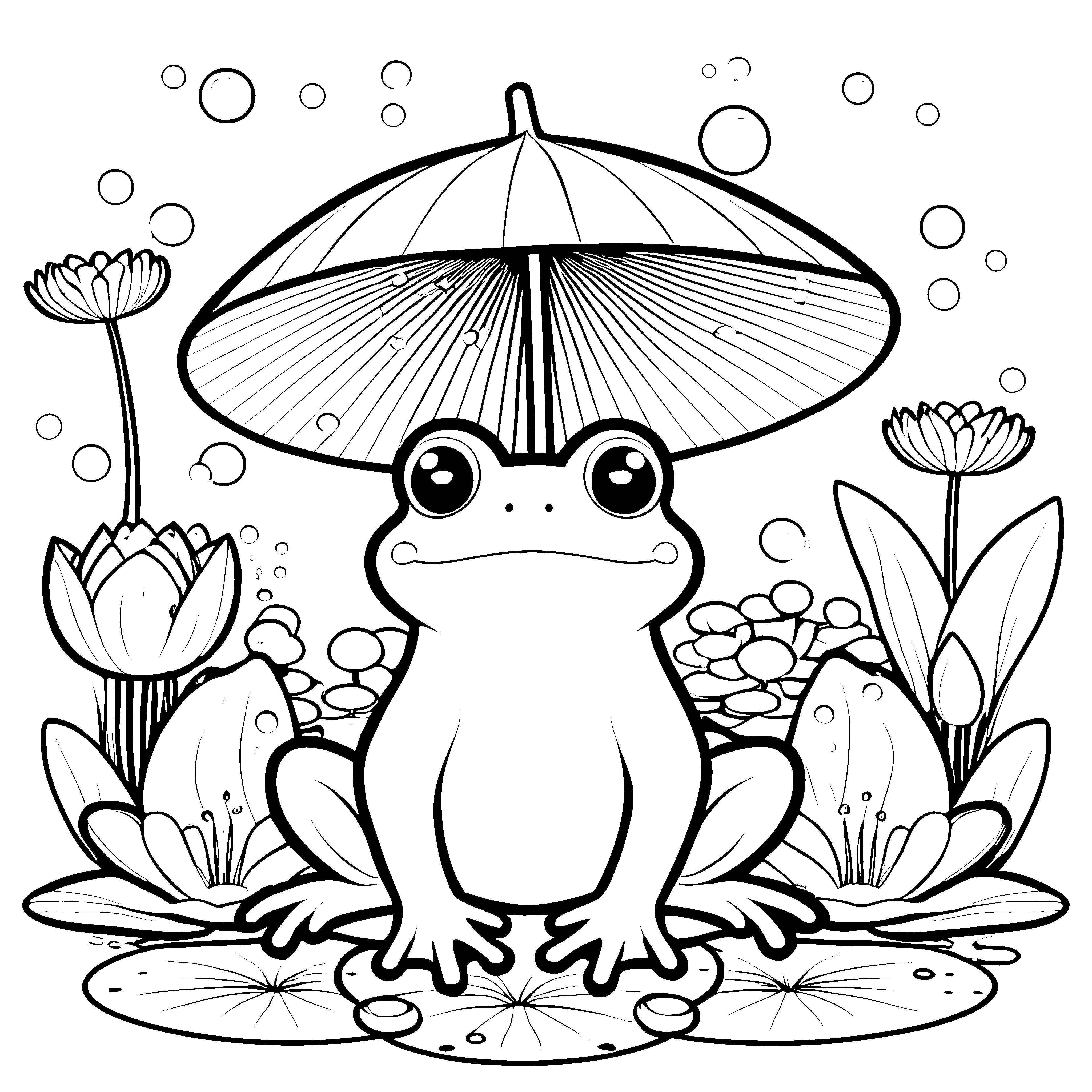 Sanfter Kawaii-Frosch mit Schirm Ausmalbild für junge Teichforscher