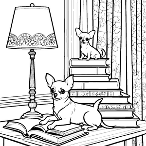 Gemütliche Chihuahuas auf Büchern Malvorlage für verträumte Bücherwürmer