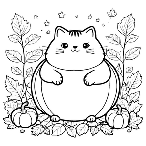 Bezaubernde Kawaii Katze mit Kürbissen Malbild für neugierige Herbstfreunde