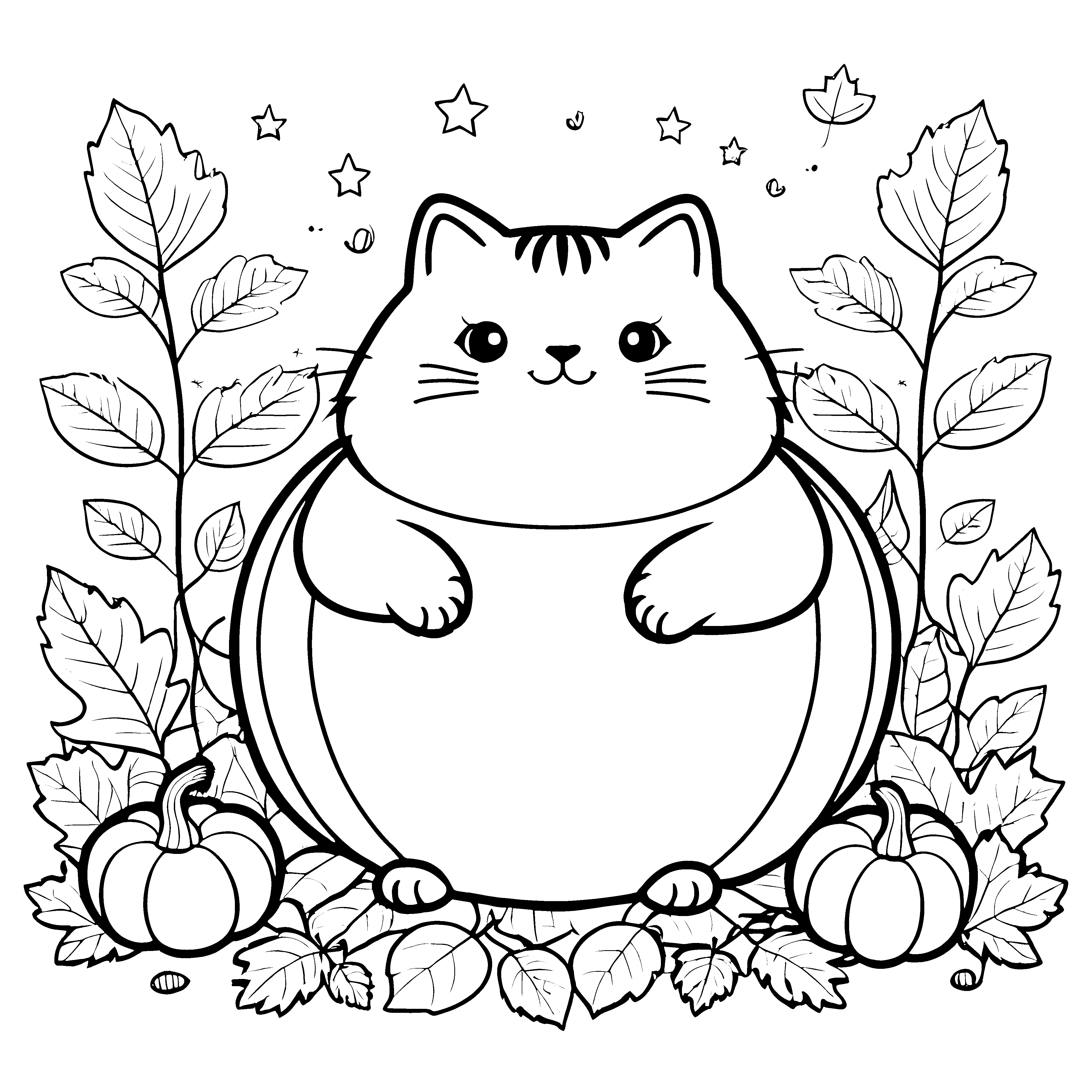 Bezaubernde Kawaii Katze mit Kürbissen Malbild für neugierige Herbstfreunde