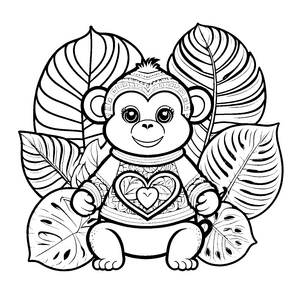 Liebevoller Kawaii-Affe mit Herz und Blättern Ausmalbild für mutige Urwaldhelden
