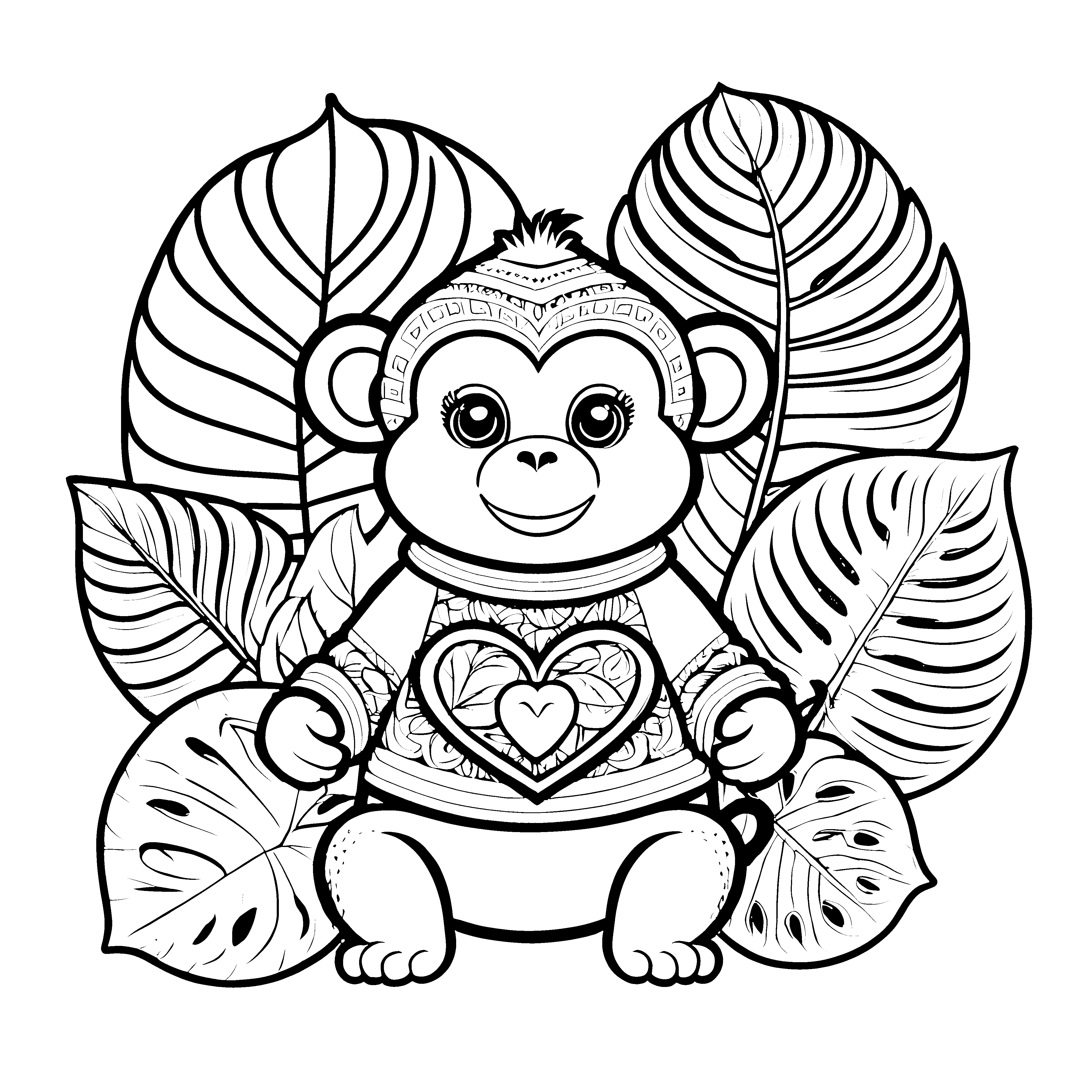 Liebevoller Kawaii-Affe mit Herz und Blättern Ausmalbild für mutige Urwaldhelden