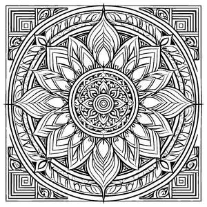 Symmetrisches viereckiges Mandala mit Lotusblüten Malvorlage für kleine Kunstschaffende