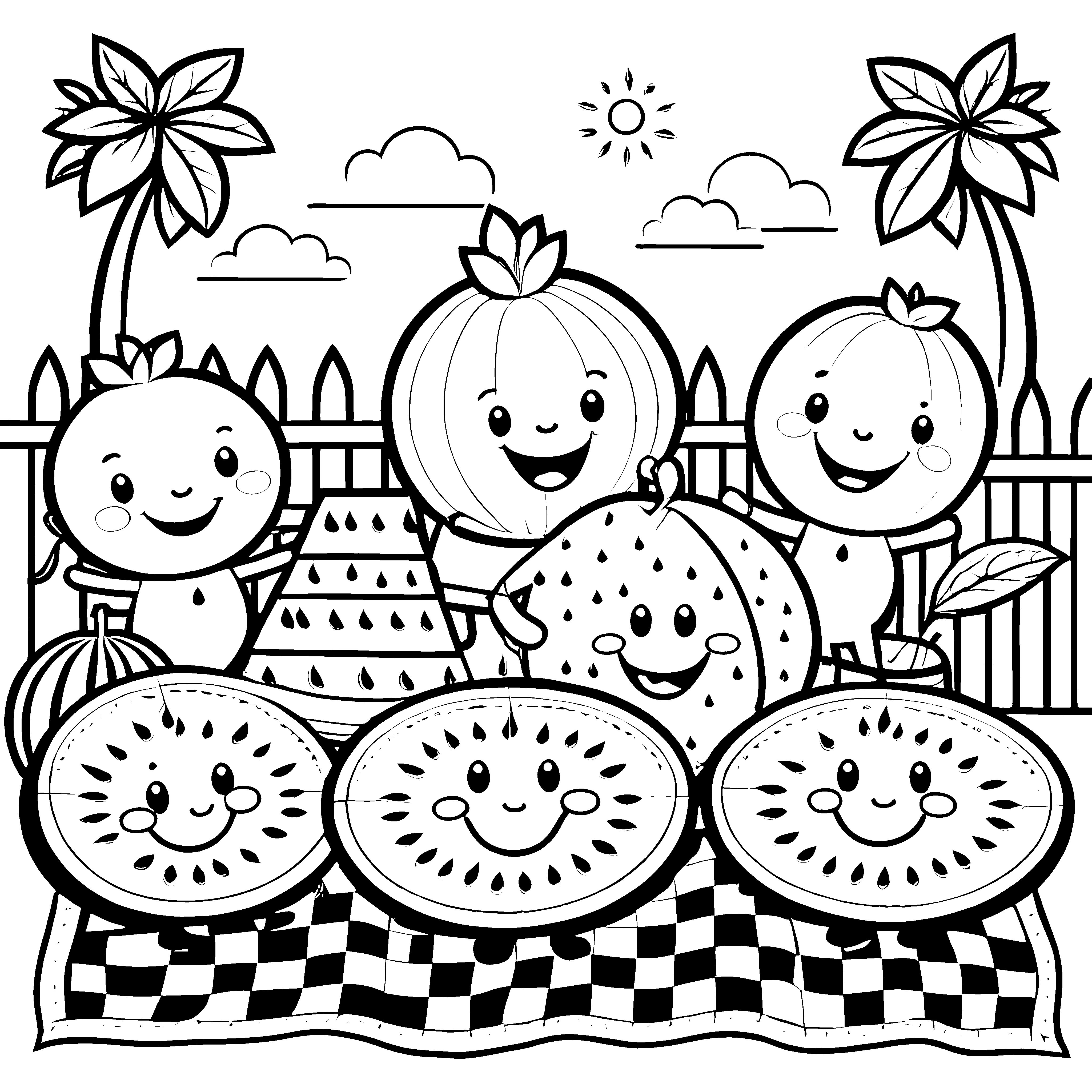 Fröhliche Kawaii Wassermelonen auf Decke Ausmalbild für kreative Obstfreunde