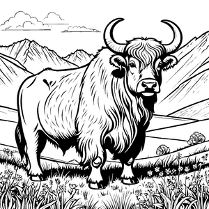 Wundervoller Yak auf Blumenwiese Bastelvorlage für junge Naturfreunde