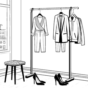 Elegane Damenhosen an der Kleiderstange Ausmalbild für verträumte Modebegeisterte