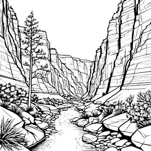 Spektakuläre Schlucht mit Nadelbaum Bastelmotiv für malfreudige Wasserforscher