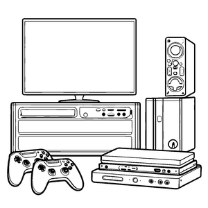 Stoffiges Spielekonsolen-Regal mit Controllern Malvorlage für malfreudige Zocker