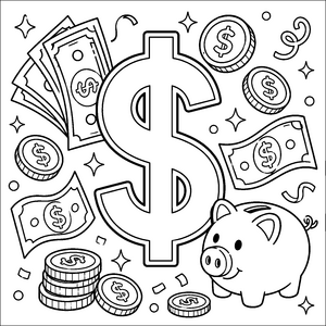 Ausmalbild Dollar Symbol mit Scheinen und Münzen