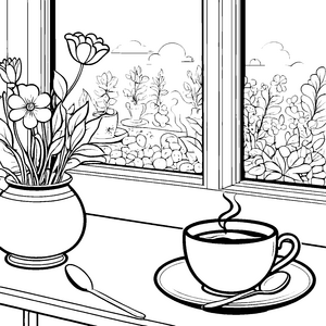 Idyllischer Kaffee mit Blumenvase Bastelmotiv für fröhliche Gartenfreunde