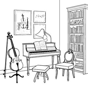 Künstlerische Geige am Klavier Ausmalvorlage für fröhliche Musikbegeisterte