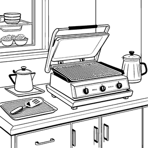 Praktischer Kontaktgrill mit Kaffeekanne Ausmalvorlage für neugierige Küchenprofis