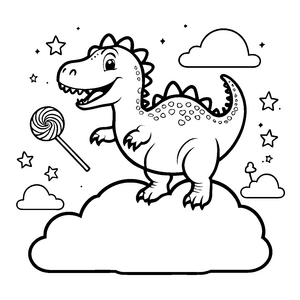 Verspielter Kawaii Dinosaurier mit Zuckerstange Bastelvorlage für fröhliche Wolkenbauer