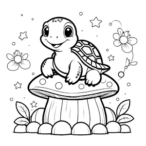 Liebevolle Kawaii-Schildkröte auf Pilz Bastelvorlage für mutige Waldgeister