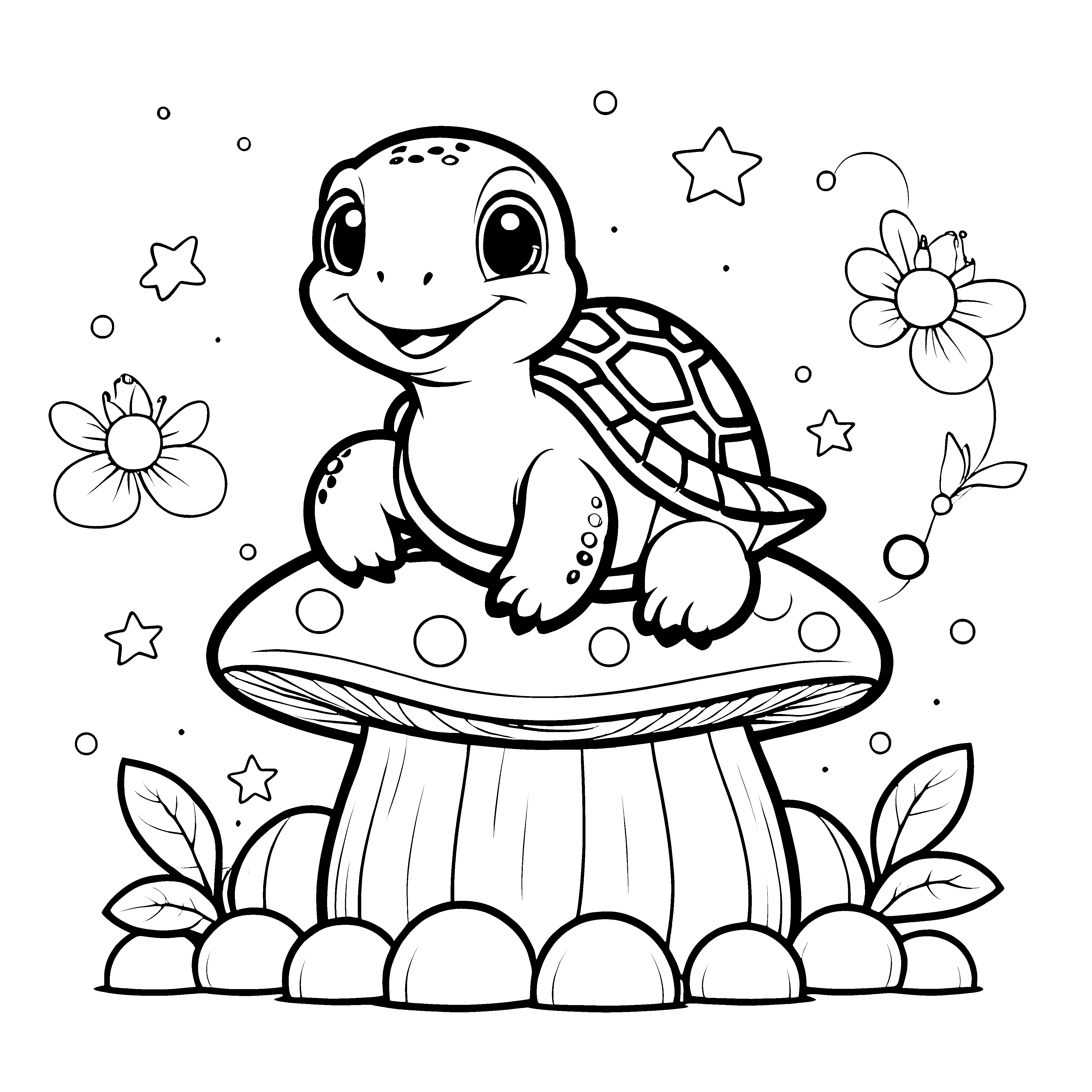 Liebevolle Kawaii-Schildkröte auf Pilz Bastelvorlage für mutige Waldgeister