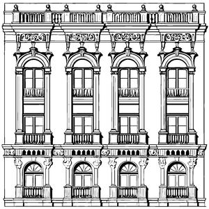 Prunkvolle Fassade mit Rundbogenbalkonen Bastelmotiv für kleine Baumeister