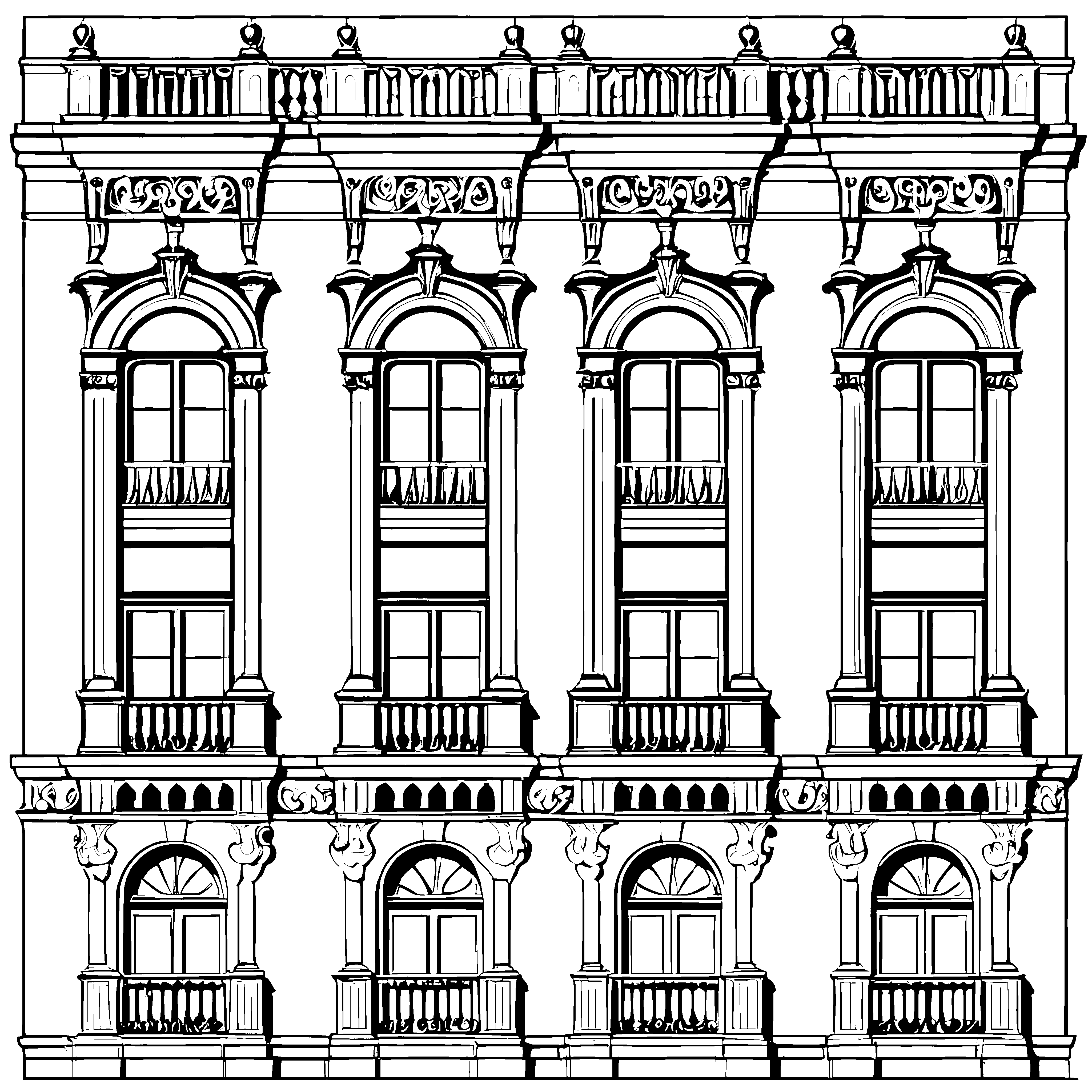 Prunkvolle Fassade mit Rundbogenbalkonen Bastelmotiv für kleine Baumeister