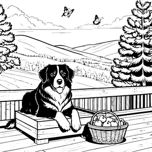 Gemütlicher Berner Sennenhund auf Holzbank Ausmalvorlage für malfreudige Naturfreunde