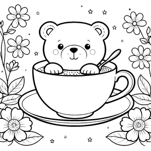 Niedlicher Kawaii-Teddybär in Teetasse Ausmalvorlage für junge Teetrinker