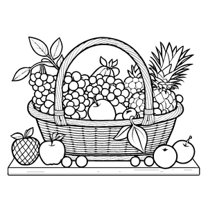 Farbenfroher Obstkorb mit Ananas und Trauben Ausmalbild für neugierige Vitaminkönige
